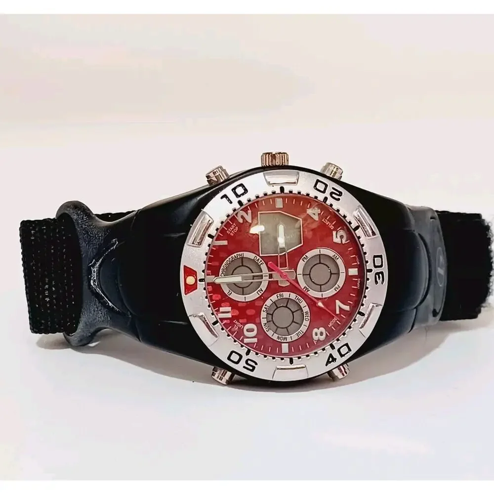 Vtg BUM Equipment Mens Sport Watch Black Red Hook Loop Band NEEDS BATTERY